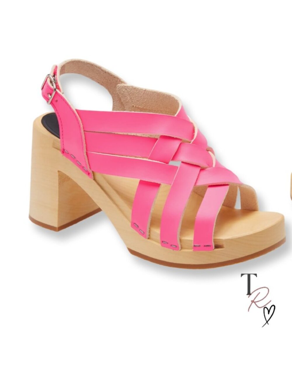 Swedish Hasbeens Vivi Platform Sandals Neon Pink Leather Wood Clogs EU 37 US 7
